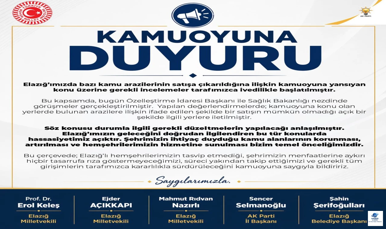 AK Parti Elazığ Milletvekillerinden ortak açıklama: “Kamu arazileri için satış mümkün değil”